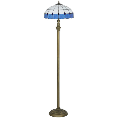 Tiffany-Style Floor Lamp with Handcrafted Stained Glass Shade, 152cm Tall Vintage Standing Lamp with Foot Switch and Dual Sockets for Living Room Bedroom, Bronze Tone and Blue