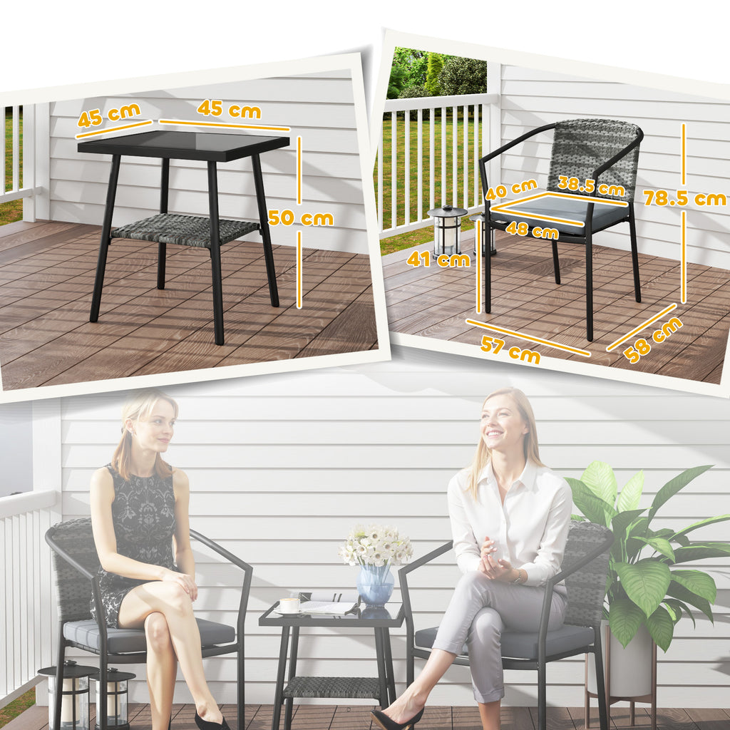 Outsunny 3 Pieces Rattan Bistro Set with Cushions, Wicker Garden Furniture Set, Glass Top Coffee Table and Chairs for Outdoor Patio, Balcony, Terrace and Conservatory, Grey