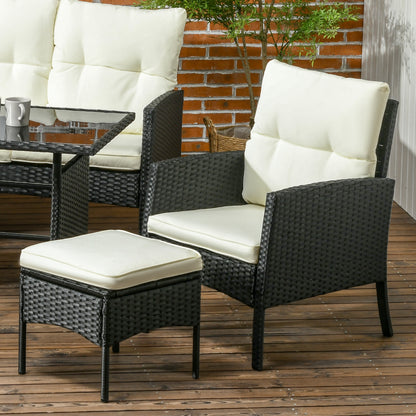 Outsunny 5 Seater Rattan Garden Furniture Set, 6 Piece Garden Sofa Set, Armchairs, 3-Seater Sofa, Footstools, Glass Dining Table, Cushions, Wicker Outdoor Furniture for Conservatory Patio, Cream