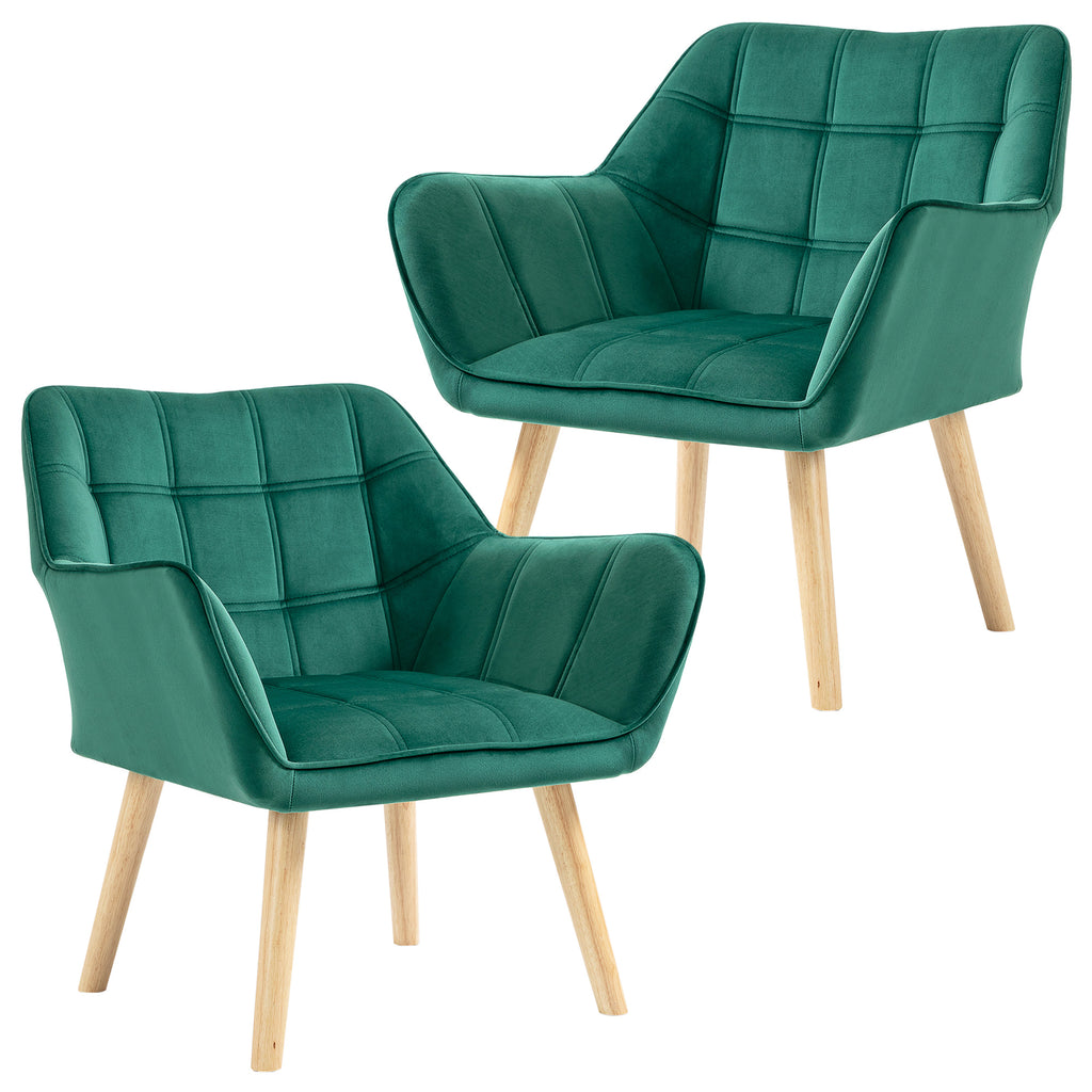 HOMCOM Accent Chair, Velvet Upholstered Vanity Tub Chair with Flared Armrests, Slanted Back, Solid Wood Legs, Comfy Padding Armchair, Home Bedroom Furniture Seating, Set of 2, Green