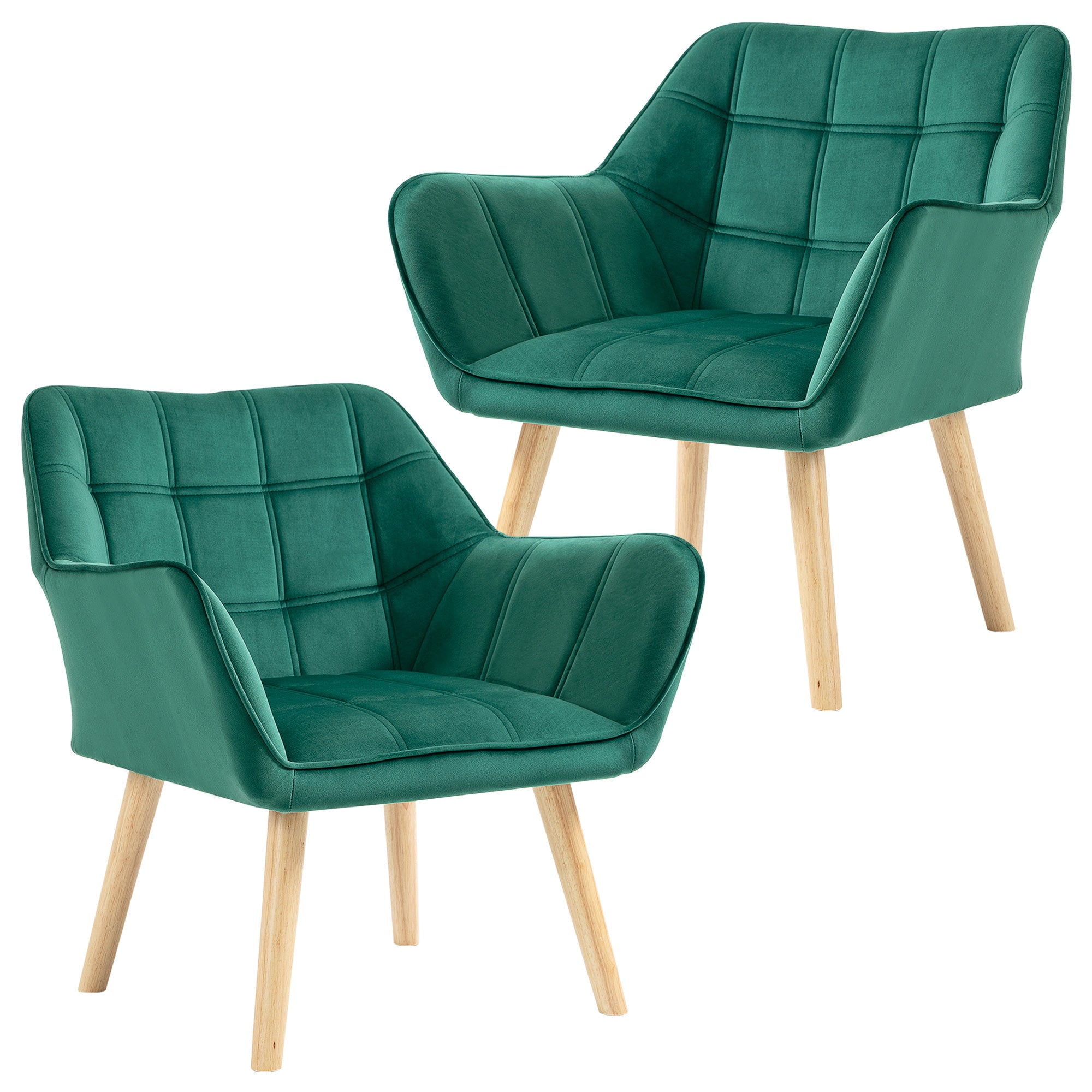 HOMCOM Accent Chair, Velvet Upholstered Vanity Tub Chair with Flared Armrests, Slanted Back, Solid Wood Legs, Comfy Padding Armchair, Home Bedroom Furniture Seating, Set of 2, Green