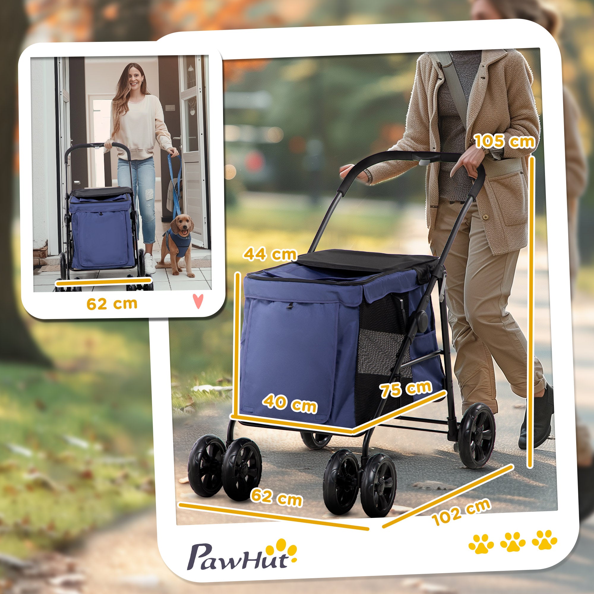 PawHut Dog Pram Dog Stroller 4 Wheels Pet Pushchair with Rolling Door, Cushion, Safety Leashes, for Small and Medium Breeds, Dark Blue