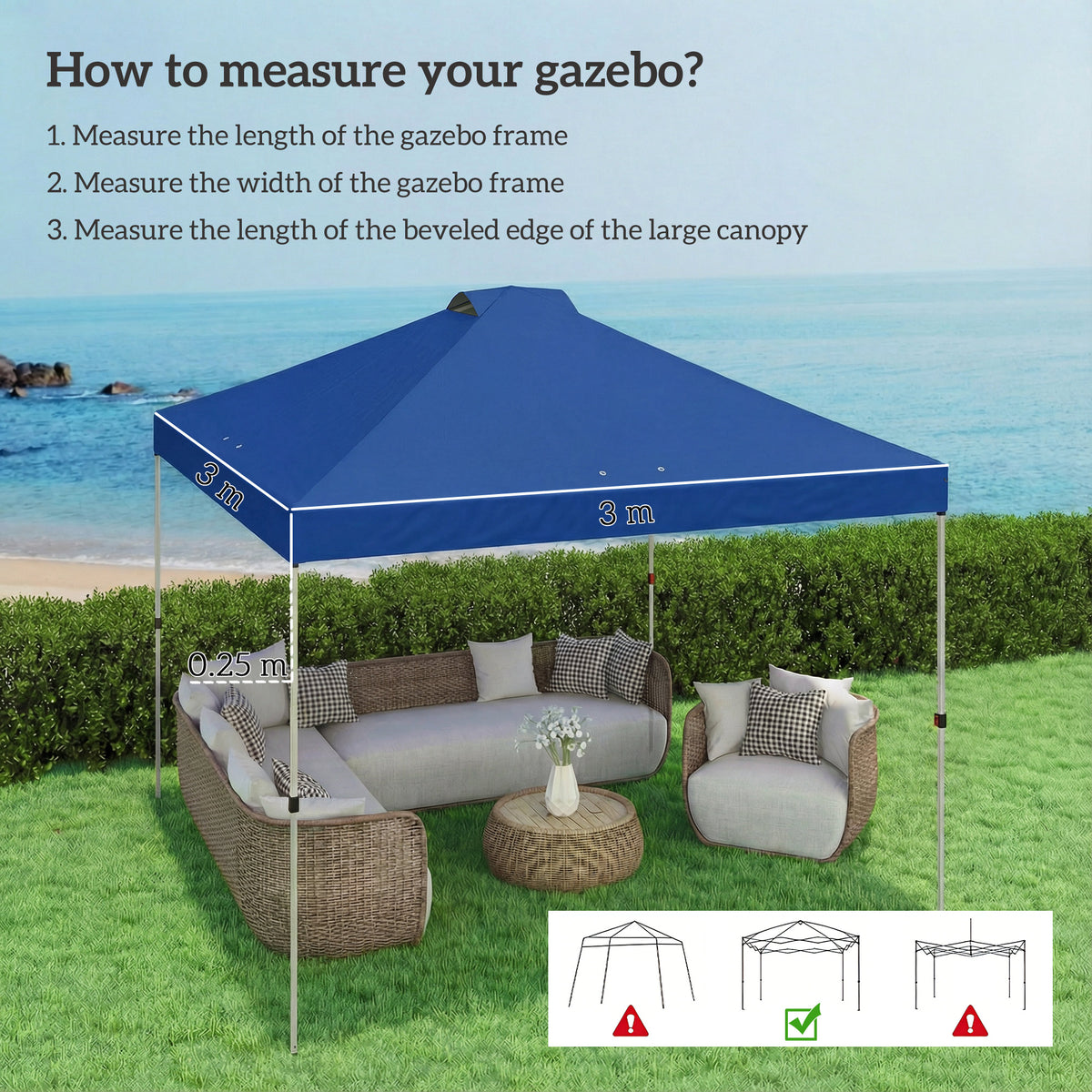 Outsunny Gazebo Roof Replacement UV50+ Waterproof Pop Up Canopy Cover with 8 Drainage Holes 3 x 3 m Blue