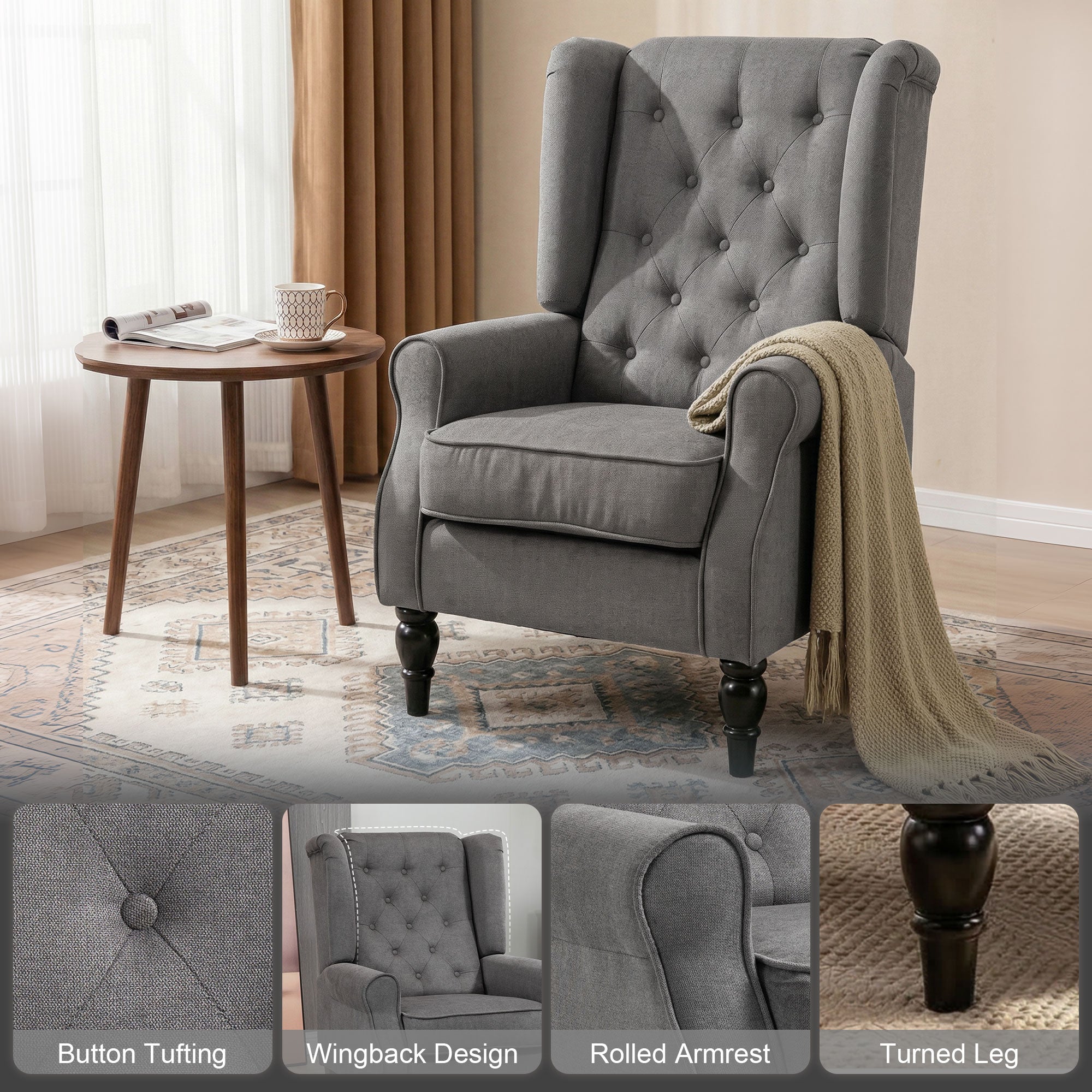 HOMCOM Wingback Accent Chair, Snow Flannel Armchair with Thick Spring Cushion, High Back, Solid Wood Legs, Retro Button Tufted Reading Chair for Living Room, Bedroom, Dark Grey