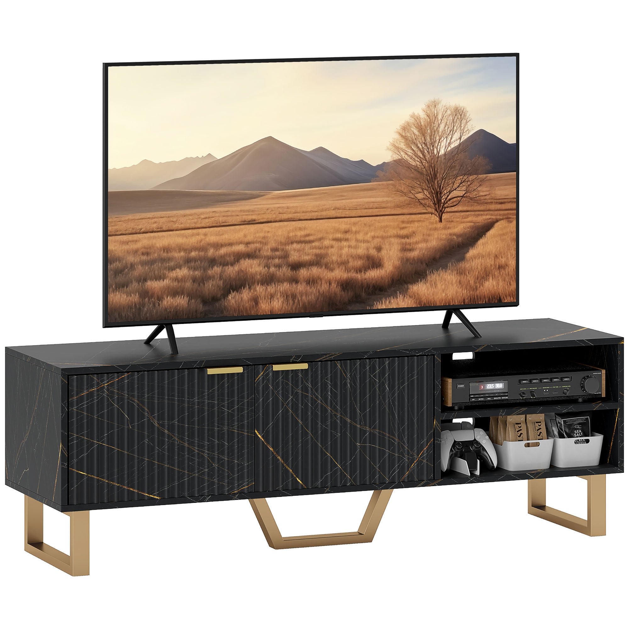 Marble Effect TV Unit, Modern TV Stand Cabinet for up to 70" TVs, with Shelves and Storage Cupboard, Fluted Door, Extra Centre Leg, Cable Management for Living Room, Black