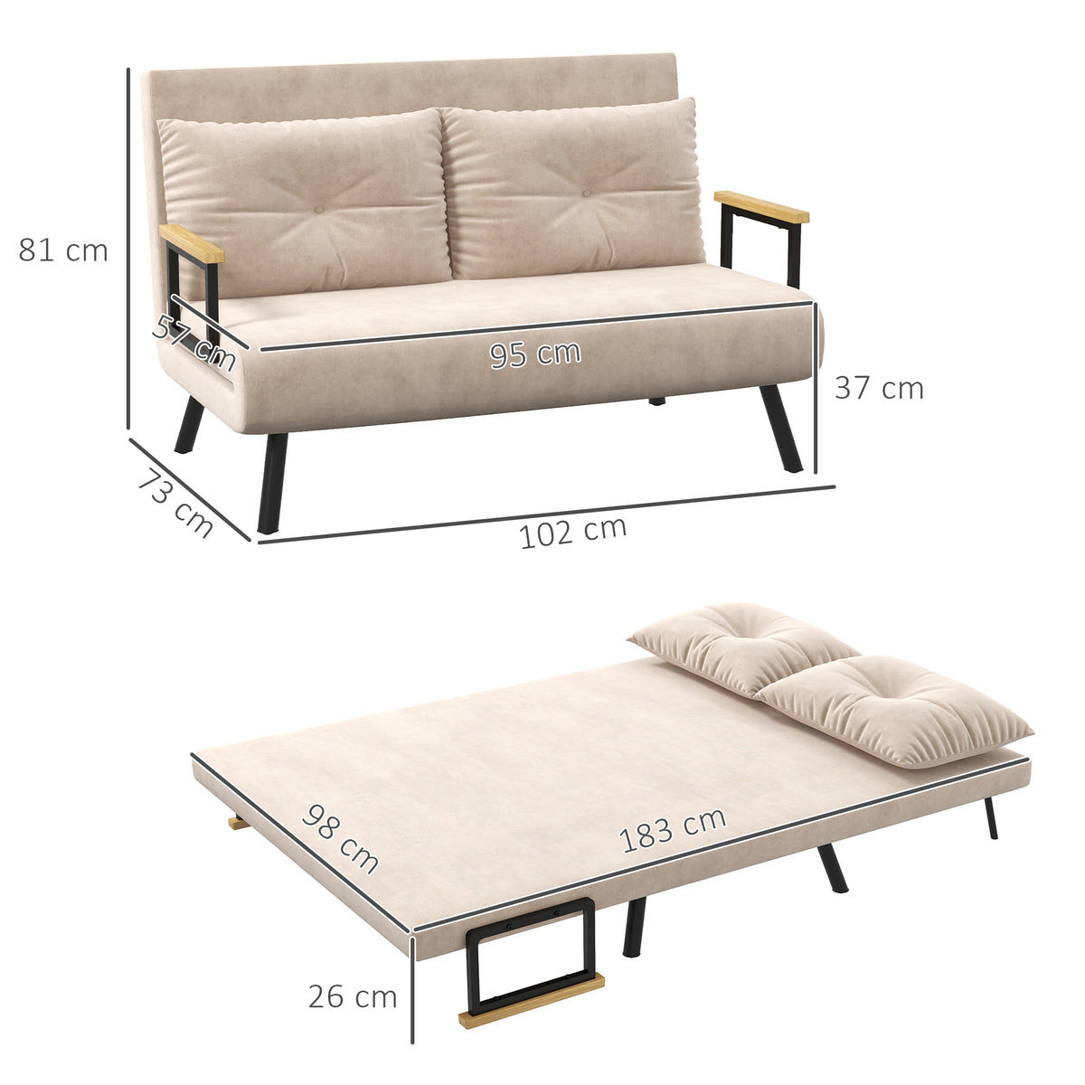 4-in-1 Velvet-Feel Double Sofa Bed, with Pillows - Beige