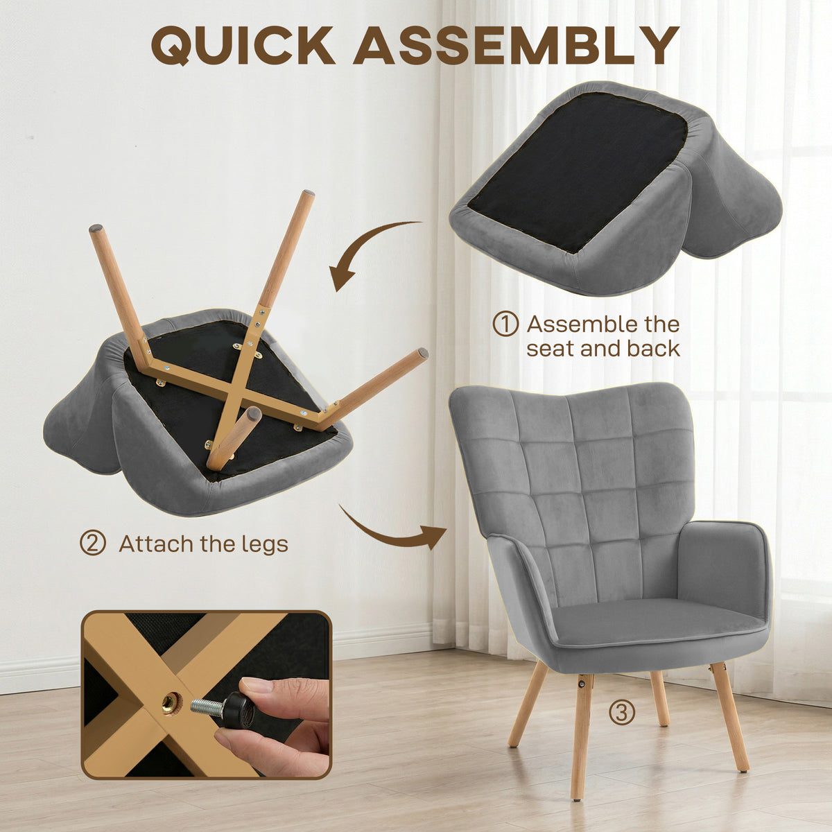 Modern Accent Chair, Upholstered High Back Armchair with Tufted Wingback, Seat Padding, Velvet Leisure Lounge Bedroom Chair with Wood Legs, Grey