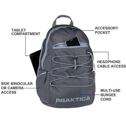 PRAKTICA All Weather Day 12L Backpack with Rain Cover & Binocular Pocket - Grey