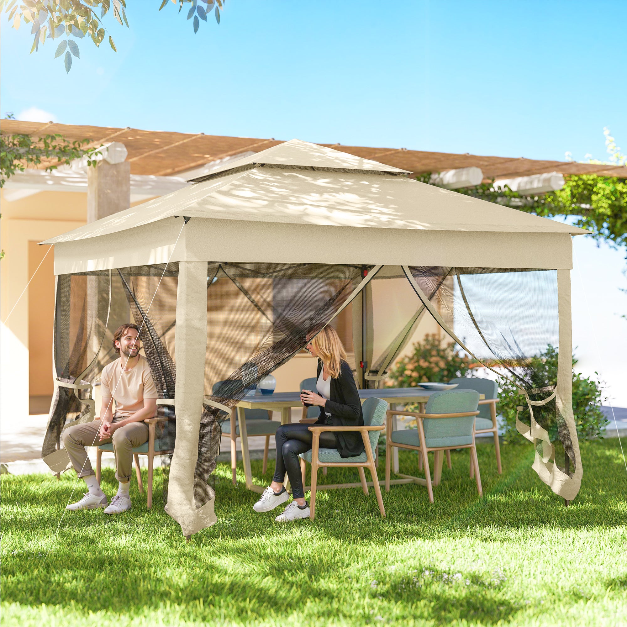 Outsunny 3 x 3(m) Pop Up Gazebo, Double-roof Garden Tent with Netting and Carry Bag, Party Event Shelter for Outdoor Patio, Cream White
