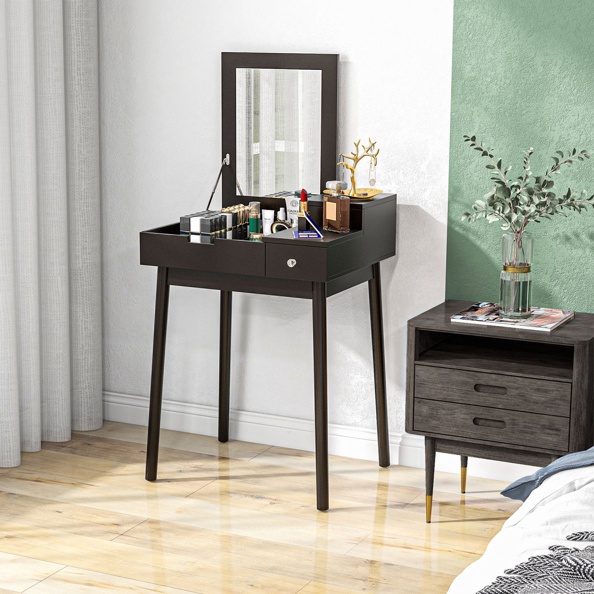 Dressing Table with Flip-up Mirror, Makeup Desk with 2 Drawers and Pine Wood Legs, Vanity Table Writing Desk for Bedroom Living Room, Black