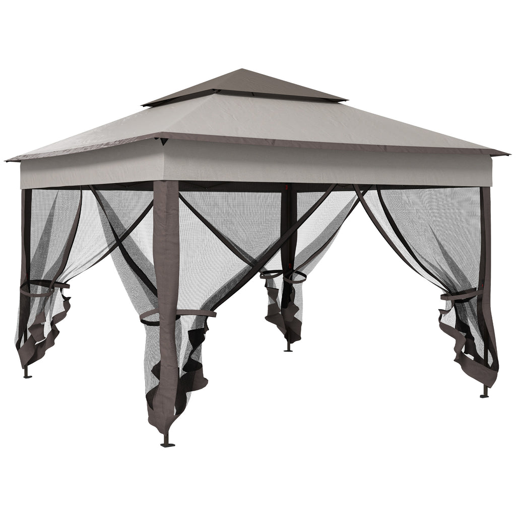Outsunny 3.25 x 3.25m Pop Up Gazebo, Double-roof Garden Tent with Netting and Carry Bag, Party Event Shelter for Outdoor Patio, Brown and Grey