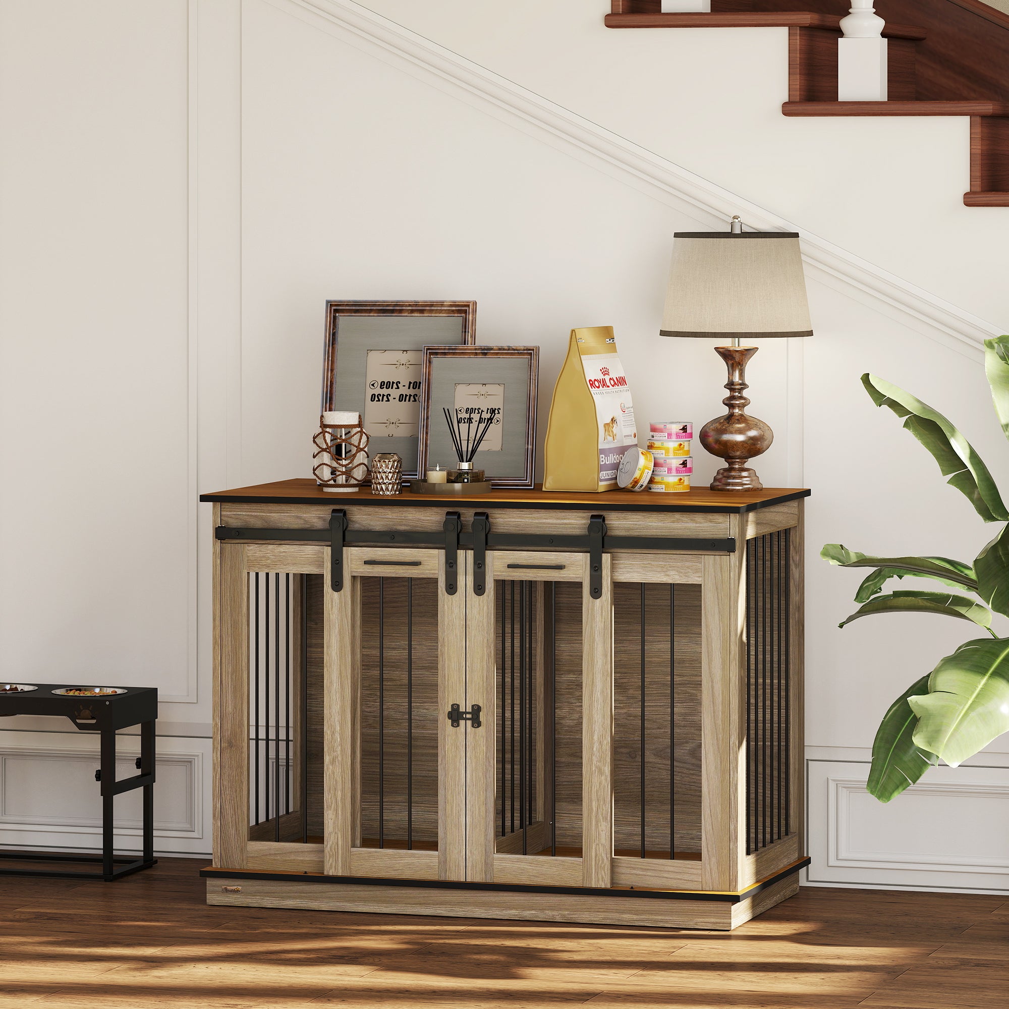 PawHut Dog Crate Furniture for Large Dogs, Double Dog Cage for Small Dogs, with Sliding Doors - Oak Tone