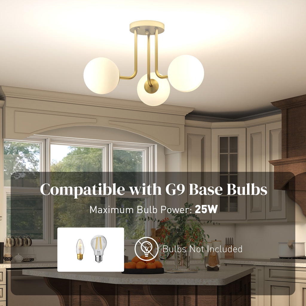 LED Ceiling Light with Globe Shades, Modern 3-Light Ceiling Light with G9 Sockets for Living Room, Bedroom, Dining Room, Bulbs Not Included, Gold Tone