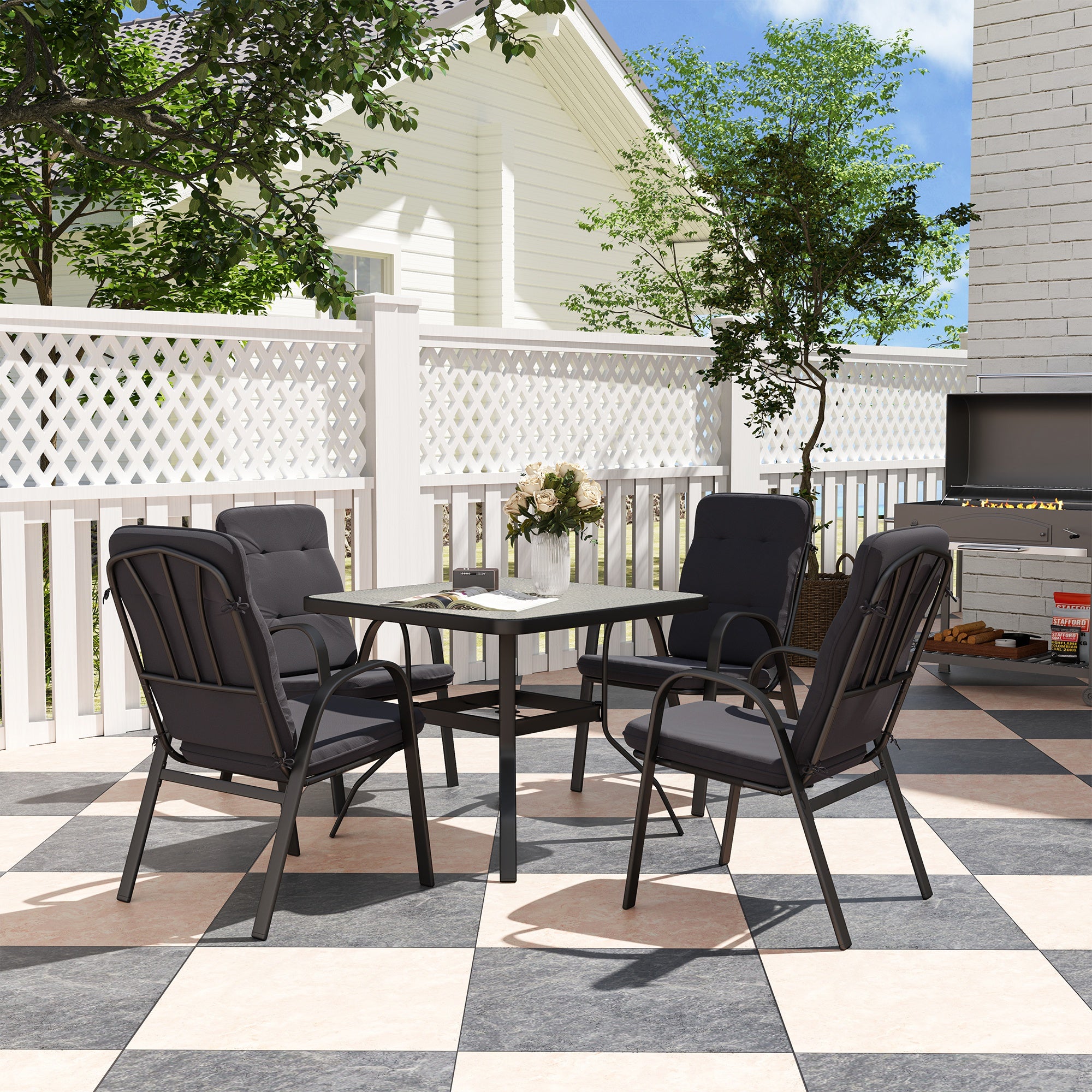 Outsunny 5 Pieces Outdoor Square Garden Dining Set w/ Tempered Glass Dining Table 4 Cushioned Armchairs, Umbrella Hole, Black