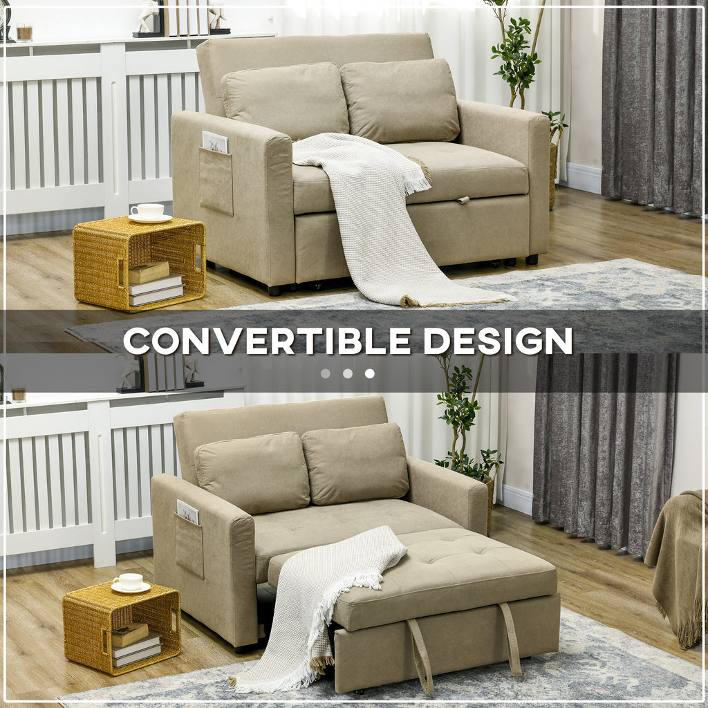 HOMCOM Loveseat Sofa Bed, Convertible Bed Settee with 2 Pillows, Side Pockets, Light Brown