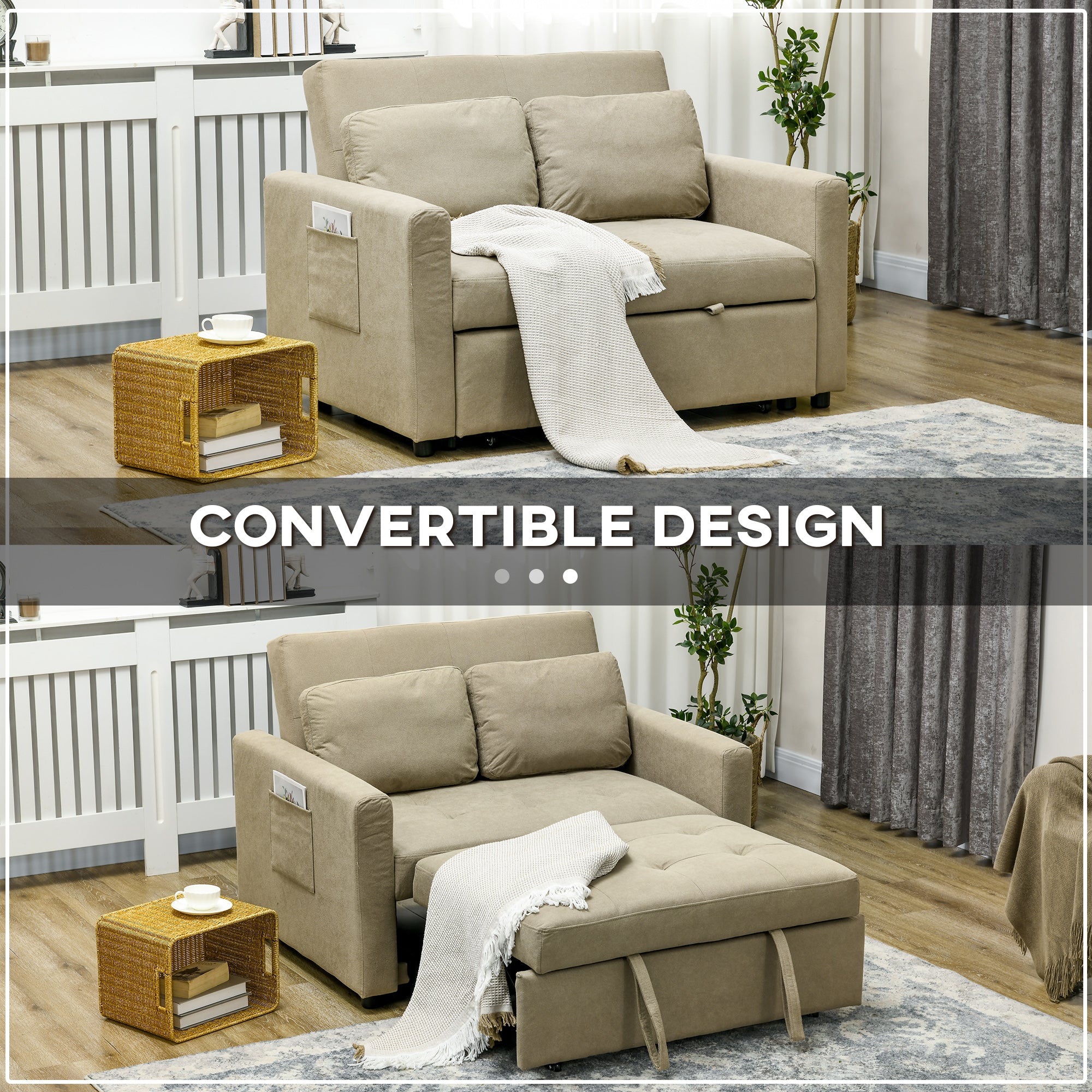 HOMCOM Loveseat Sofa Bed, Convertible Bed Settee with 2 Pillows, Side Pockets, Light Brown