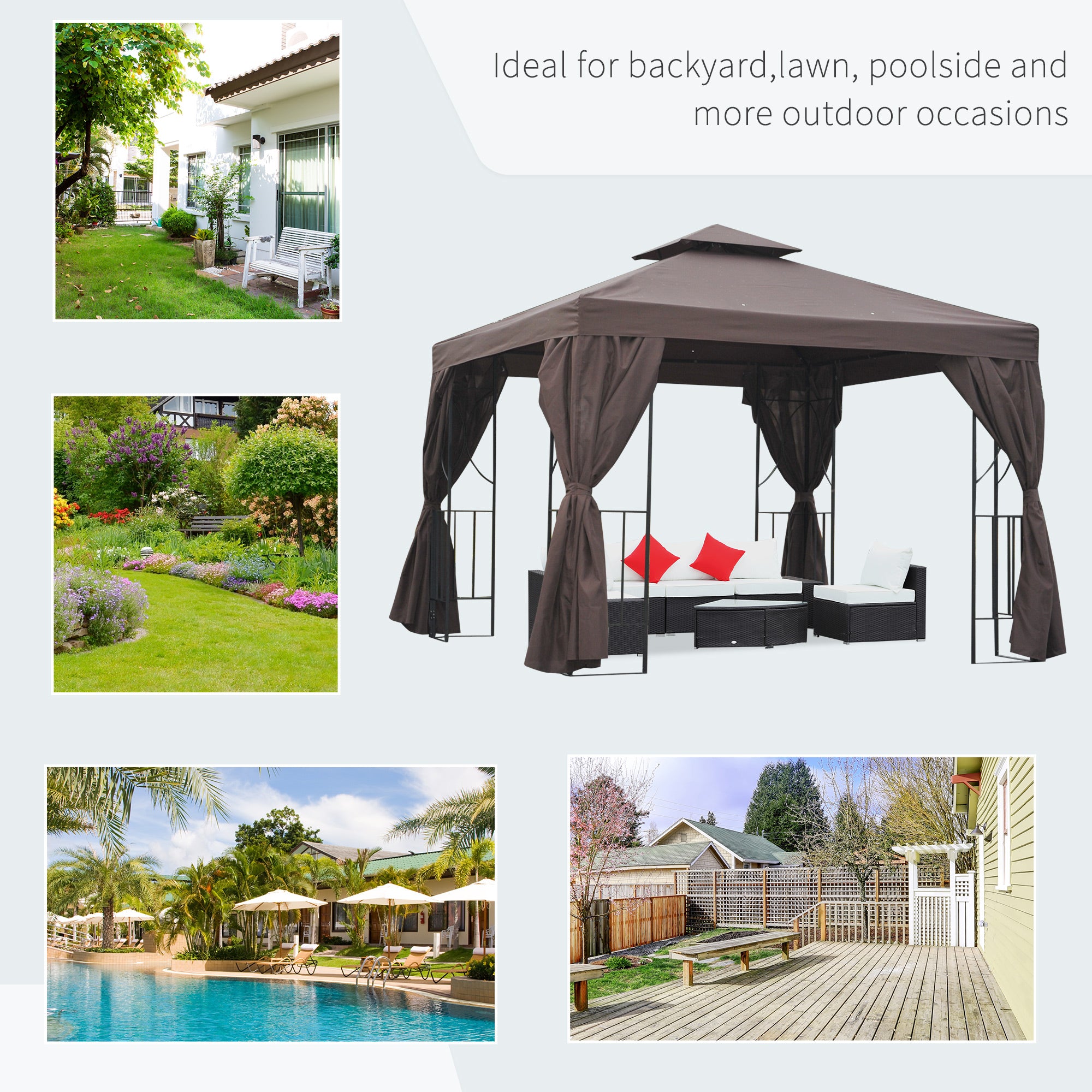 Outsunny 3 x 3 m Garden Gazebo Double Roof Marquee Patio Wedding Party Tent Canopy Shelter with Sidewalls (Brown)