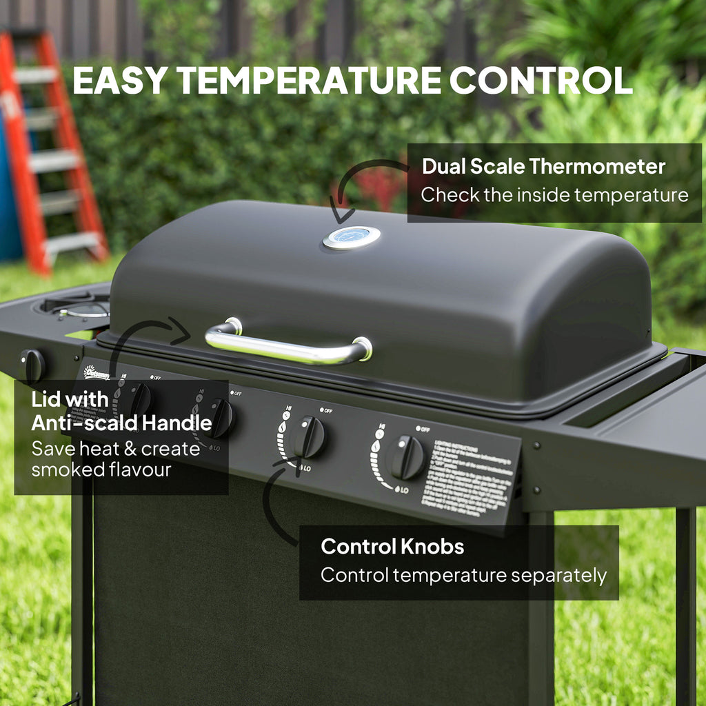 Outsunny 4+1 Burner Gas BBQ Grill, Portable Gas Barbecue Grill with Built-in Thermometer, Lid, Side Table, Shelf, Spice Rack, Wheels, Grease Cup for Garden Party Outdoor Cooking, Black