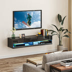 Floating TV Unit, Wall Mounted TV Cabinet for TVs up to 65", High Gloss Media Wall Unit with LED Lights, Storage Shelves, APP Control for Living Entertainment Room, Black