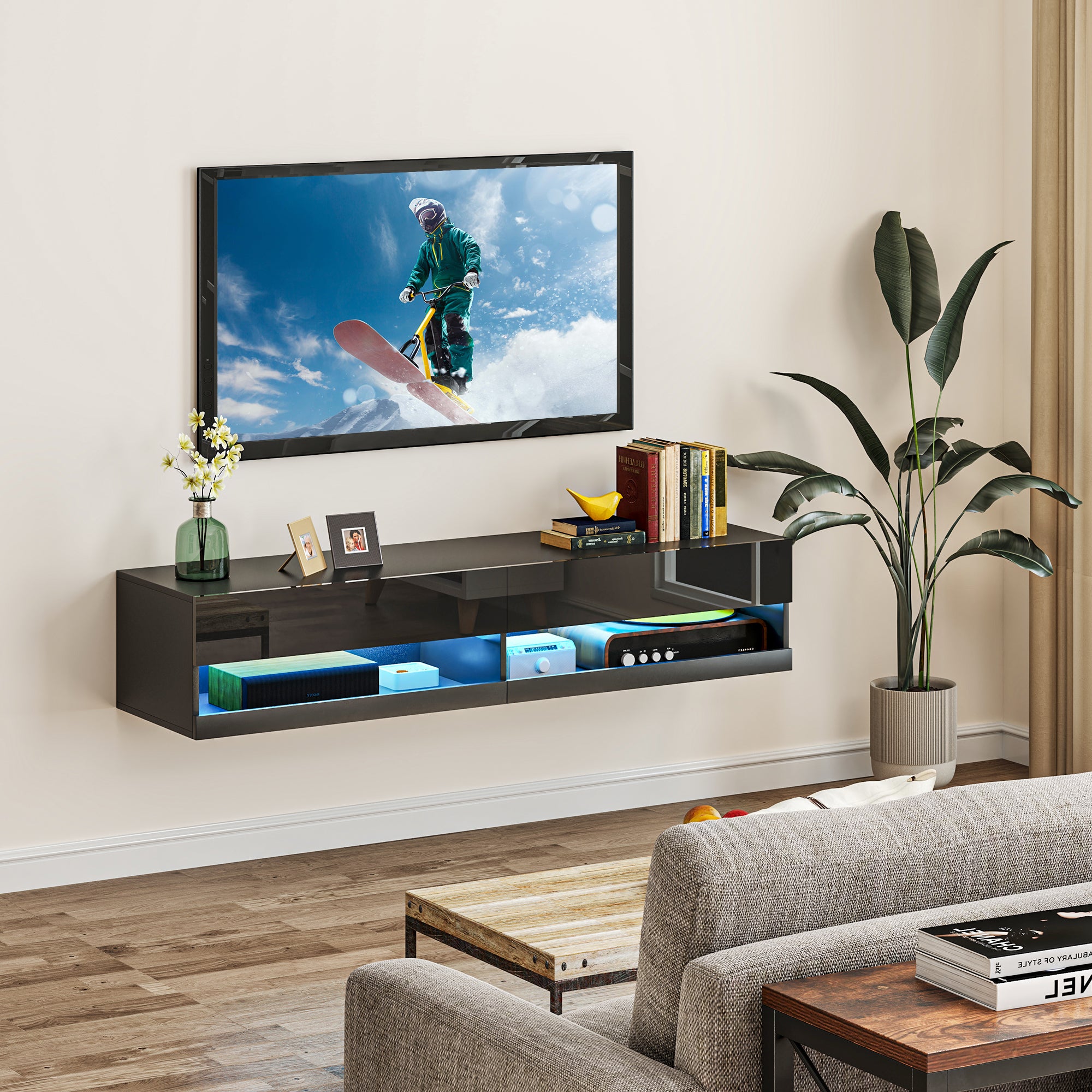 Floating TV Unit, Wall Mounted TV Cabinet for TVs up to 65", High Gloss Media Wall Unit with LED Lights, Storage Shelves, APP Control for Living Entertainment Room, Black