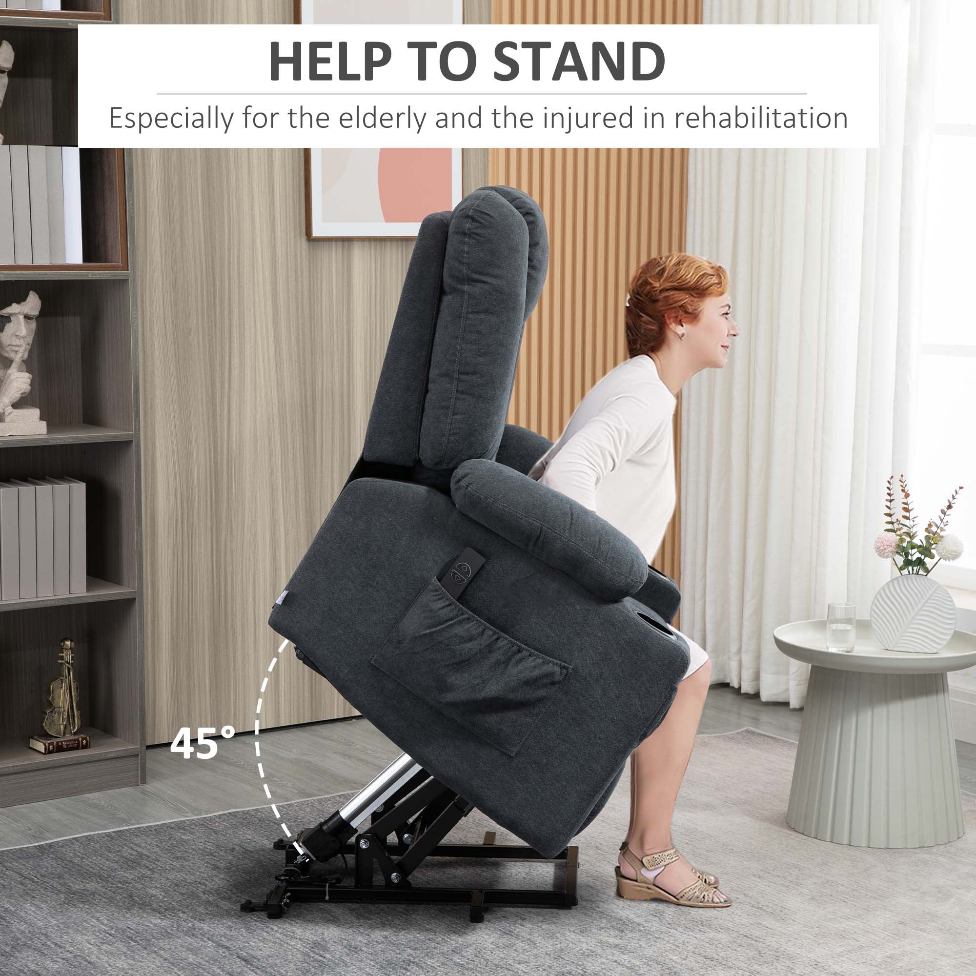 HOMCOM Electric Riser Recliner Armchair? Oversized Chair with Cup Holder & Side Pockets for Elderly in Living Room, Charcoal Grey