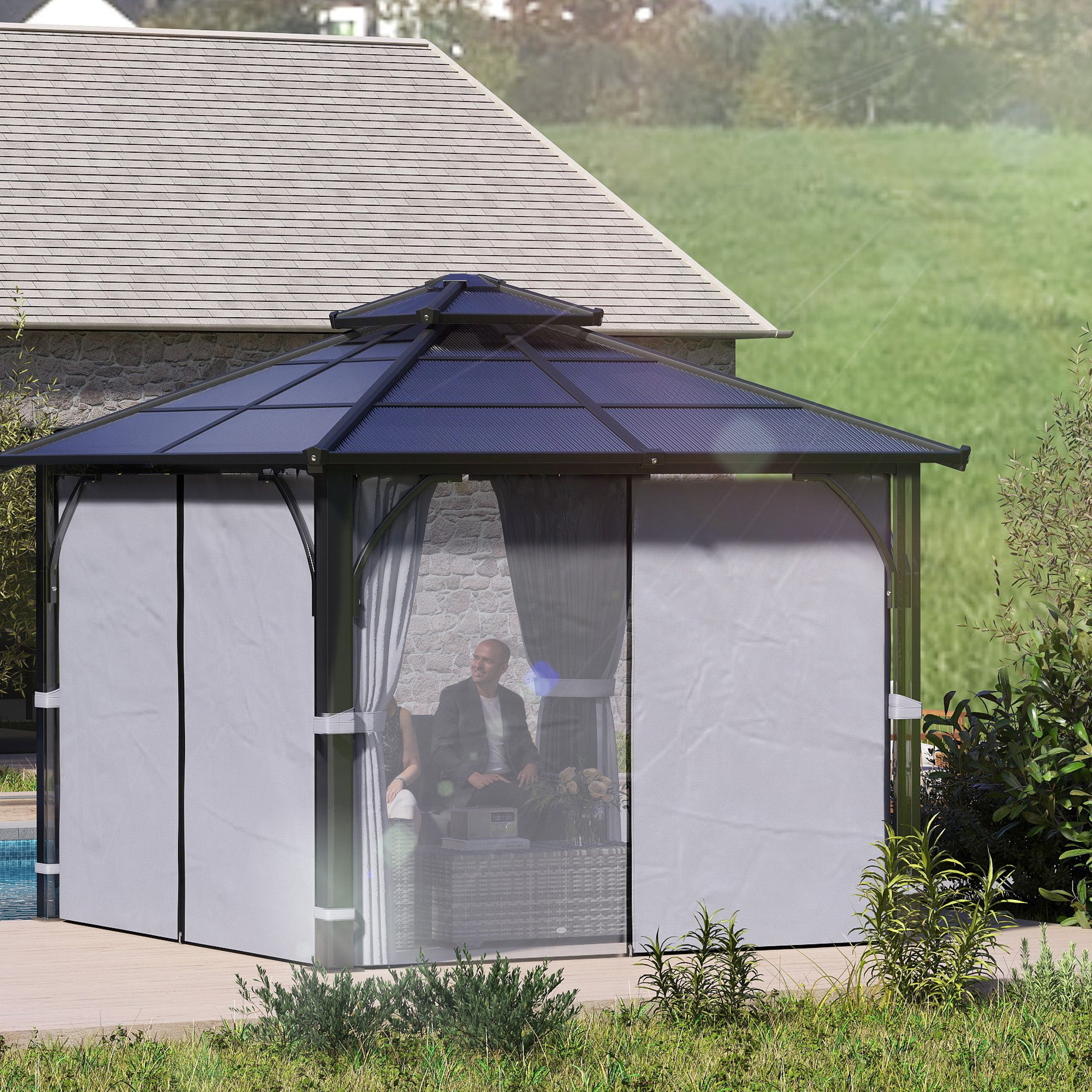 Outsunny 3 x 3(m) Hardtop Gazebo Canopy with 7mm Polycarbonate Double-Tier Roof, Garden Gazebo Permanent Pavilion with Mosquito Netting and Curtains for Patio, Terrace, Dark Grey