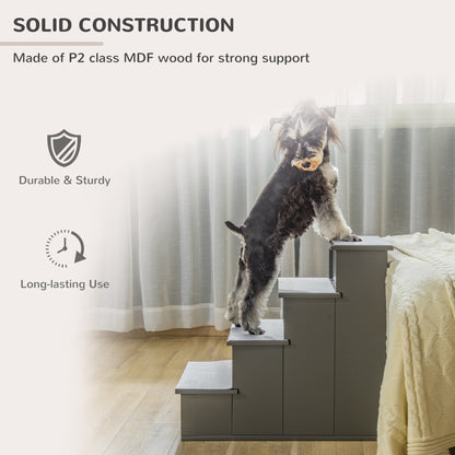 PawHut 4 Step Dog Steps for Bed, Wooden Dog Steps for Sofa, Pet Stairs for Bed Couch with Non-Slip Carpet for Cats and Puppies, 40 x 59 x 54.2 cm, Grey