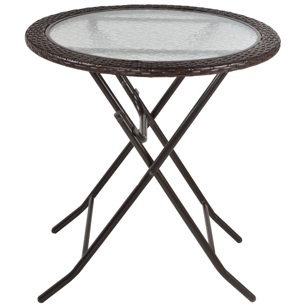 Outsunny Folding Rattan Garden Dining Table, 68 cm Round Rattan Garden Table with Water Ripple Tempered Glass Top, Wicker Edging  and Steel Frame for Outdoor, Patio, Brown