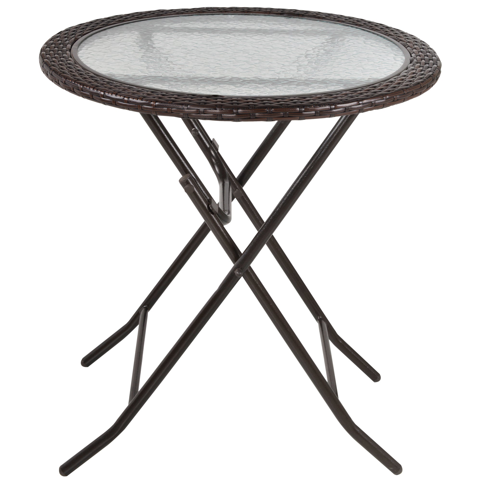 Outsunny Folding Rattan Garden Dining Table, 68 cm Round Rattan Garden Table with Water Ripple Tempered Glass Top, Wicker Edging  and Steel Frame for Outdoor, Patio, Brown