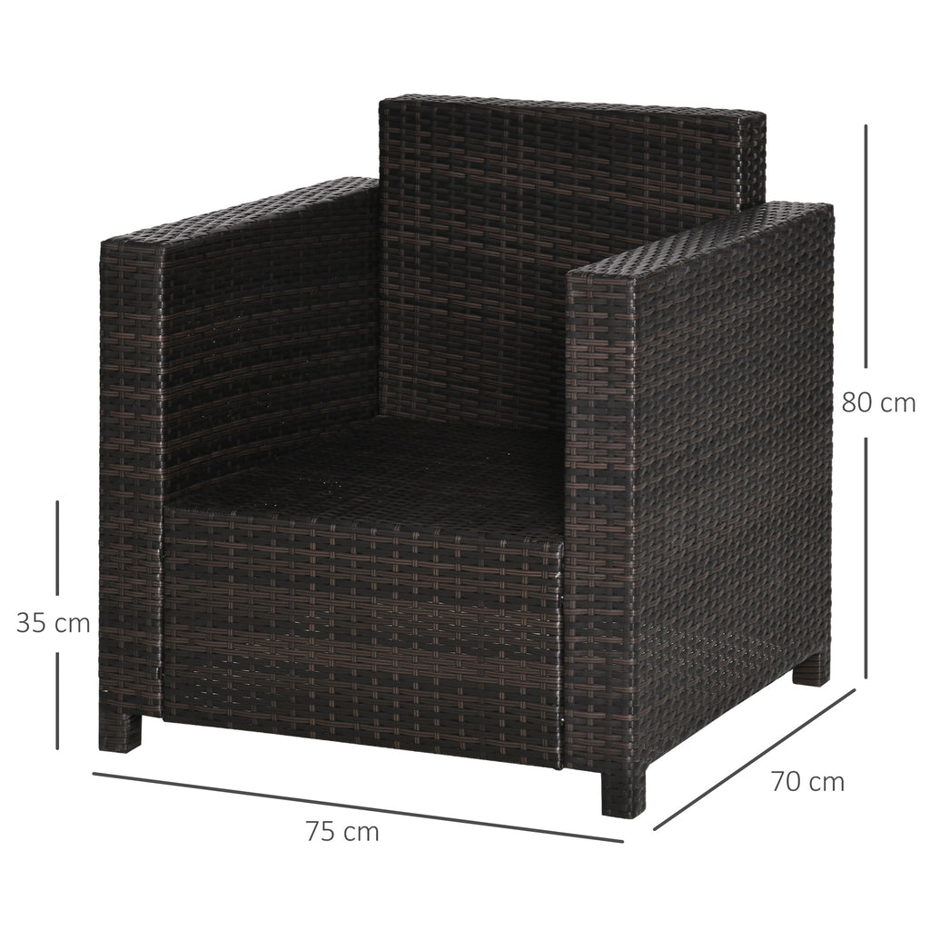 Outsunny Single Seater Rattan Chair, PE Wicker Garden Armchair with 10 cm Thickened Cushion, All-Weather Rattan Garden Chair with Armrests, Brown