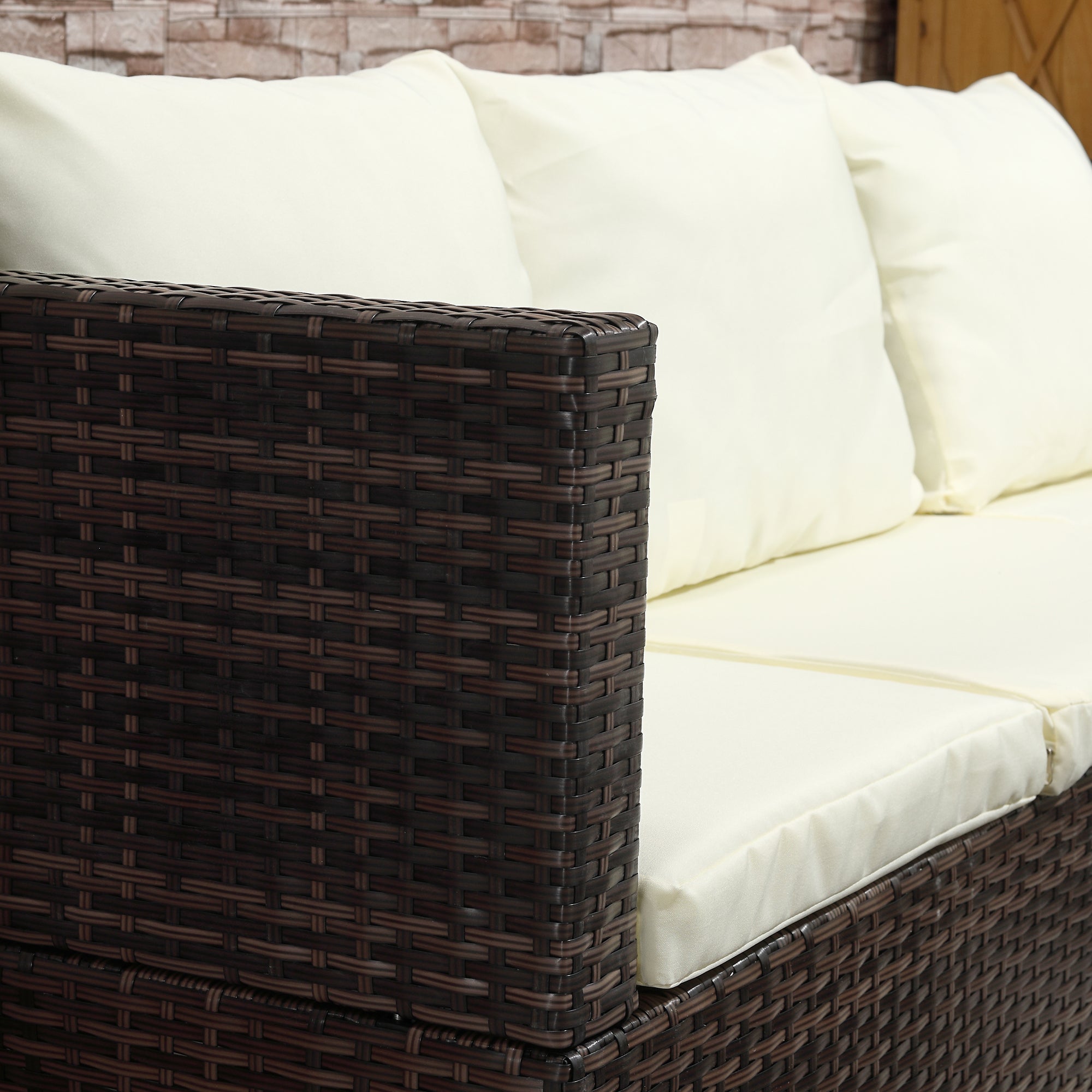 Outsunny 3 Pieces Rattan Garden Furniture Sofa Set, 4 Seater Garden Corner Sofa with 5-Level Reclining Sun Lounger and Storage Coffee Table, Outdoor Furniture Conservatory Set with Cushions, Brown