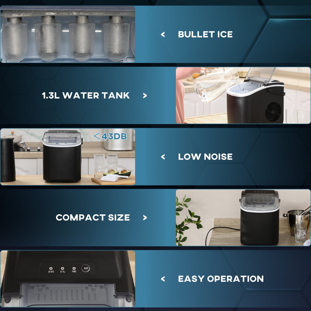 Ice Maker Machine Countertop, 12 KG in 24 H, 9 Cubes in 6 Mins, Portable Ice Cube Maker with Handle, Ice Scoop and Basket for Home Office Kitchen Bar Party RV, Black