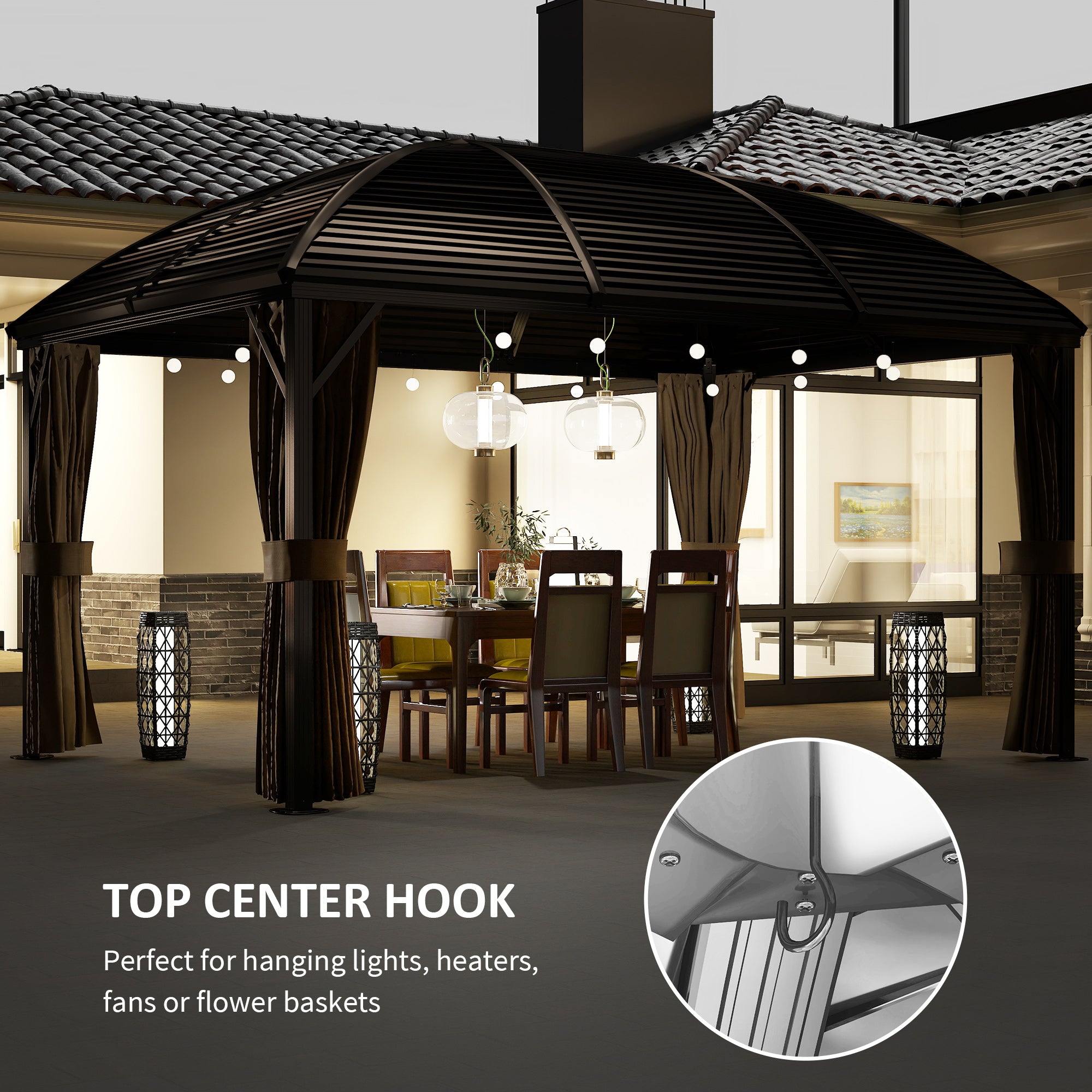 Outsunny 3 x 4m Hardtop Gazebo Canopy with Metal Roof, Aluminium Gazebo Permanent Pavilion with Netting and Curtains, Brown