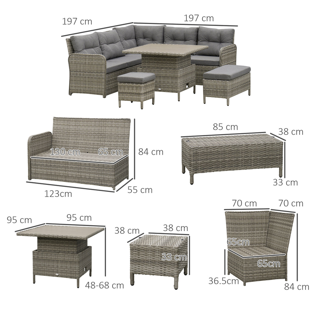 Outsunny 6 Pieces Outdoor PE Rattan Garden Furniture, Patio Wicker Sectional Conversation Corner Sofa with Soft Padded Cushion and Liftable Coffee Table, 123 x 55 x 84 cm, Grey