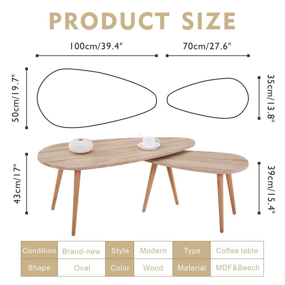 GOLDFAN Solid Wood Coffee Table Set Nest of 2 Tables
