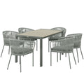 Outsunny Rattan Dining Set, 6 Seater Rattan Garden Furniture Set with Acacia Wood Top Rectangle Table, 6 Chairs, Washable Seat Cushions, for Outdoor, Patio, Conservatory, Grey