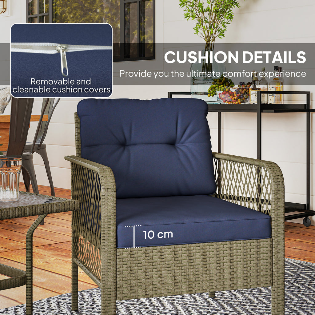 Outsunny 3 Pieces Rattan Bistro Set with Glass Top Coffee Table, Chairs and Cushions for Outdoor, Patio, Balcony, Charcoal Grey