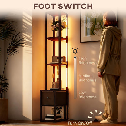 Floor Lamp with Shelves, LED Column Modern Standing Lamp with Fabric Drawer, Adjustable Brightness, Foot Switch for Living Room, Bedroom, Office, Dark Brown