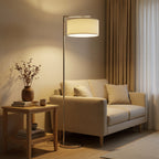 Floor Lamp, Modern Standing Lamp with Linen Lampshade, Round Base for Living Room, Bedroom, Dining Room, 153cm, Silver Tone