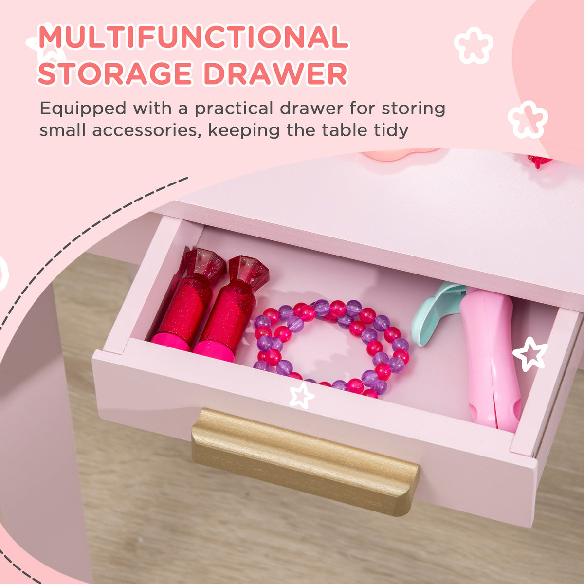 Kids Dressing Table Set, with Mirror and Drawer - Pink