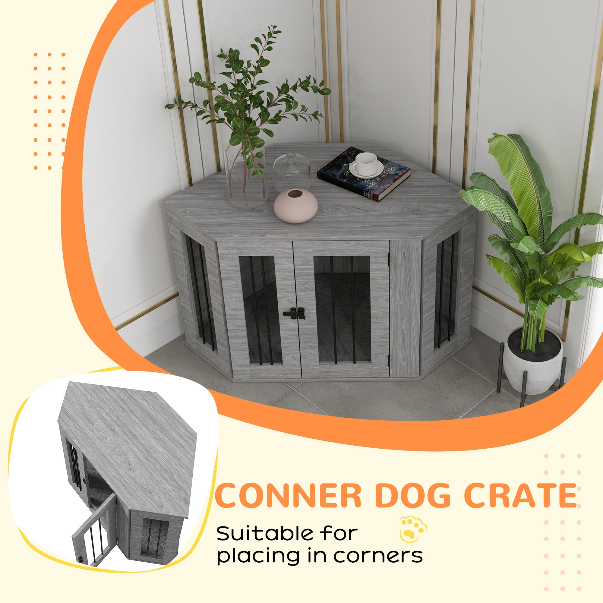 PawHut 2 in 1 Dog Crate Furniture Side Table with Cushion for Medium Dogs, 104 x 55 x 63cm - Grey