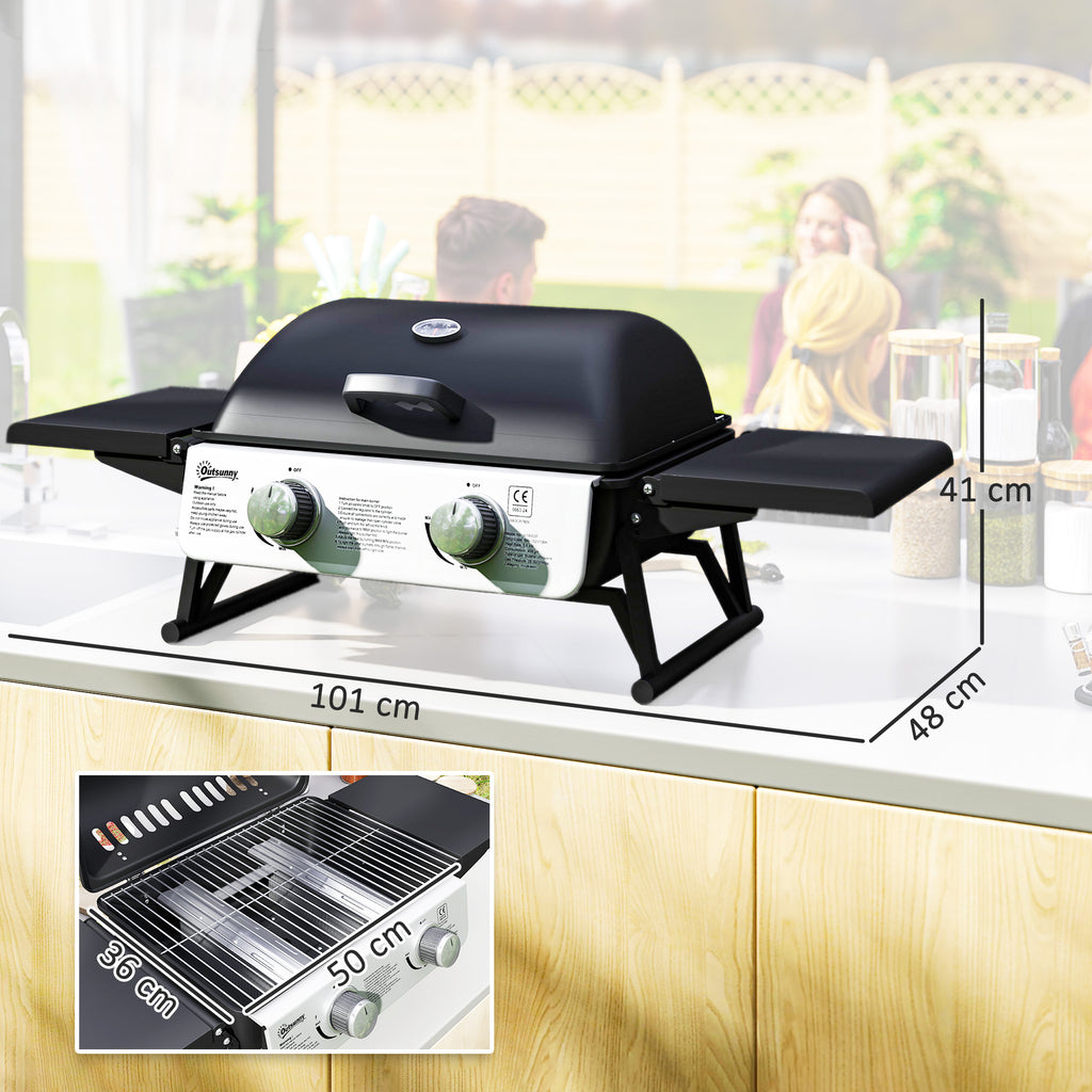 Outsunny Two-Burner Compact Gas Grill with 2 Folding Side Shelves - Black