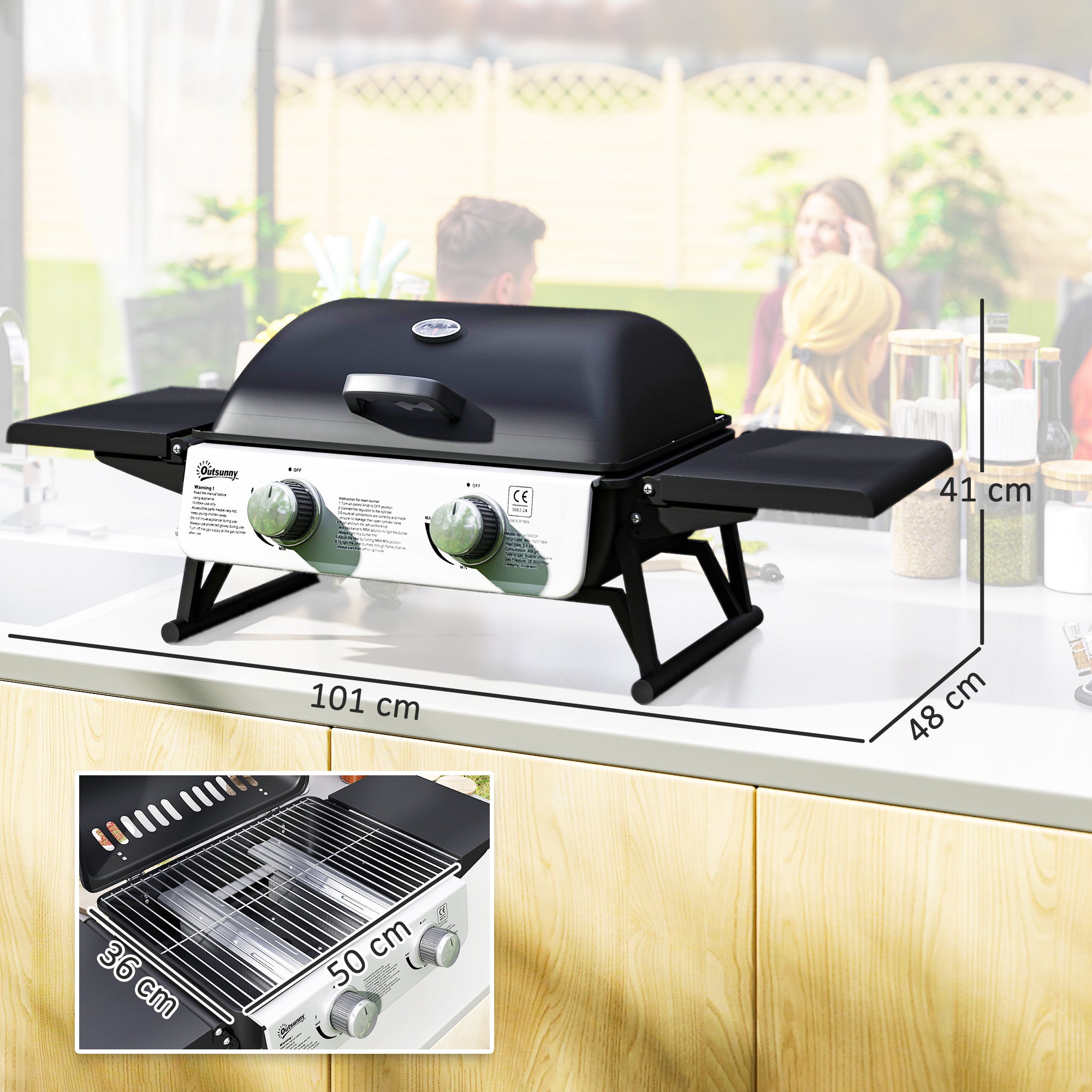 Outsunny Two-Burner Compact Gas Grill with 2 Folding Side Shelves - Black