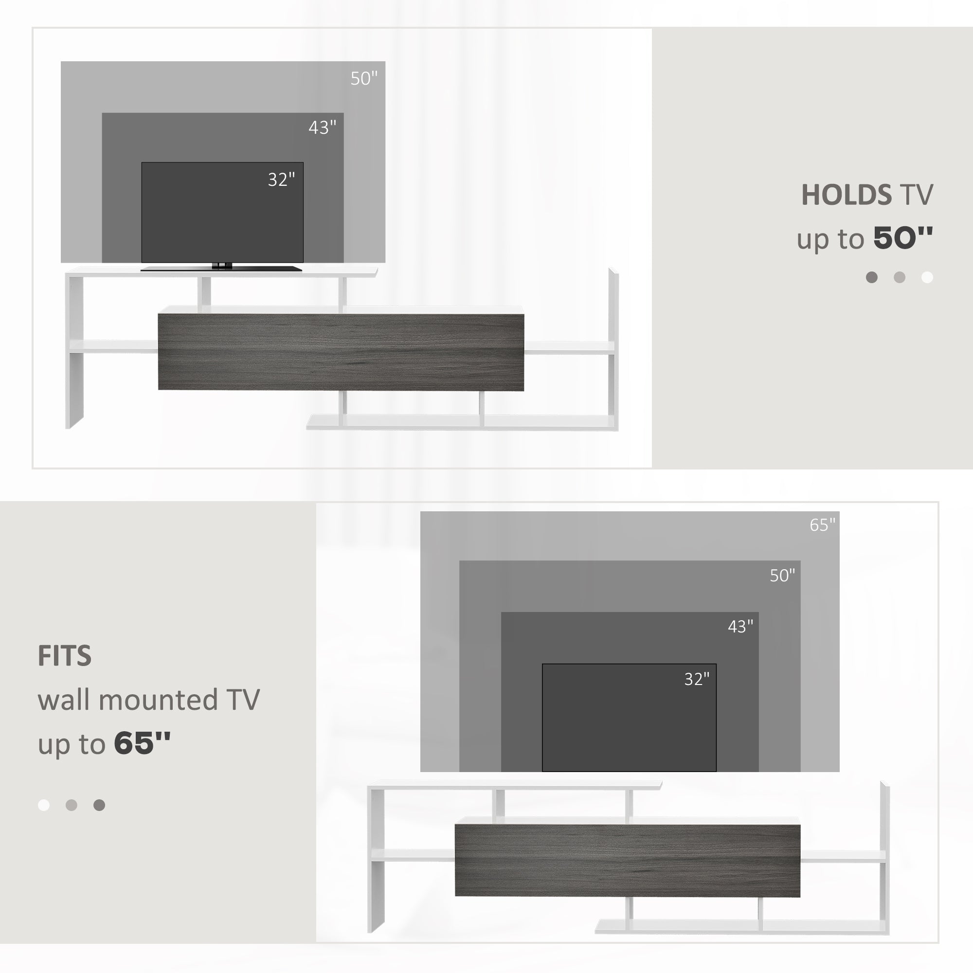 TV Cabinet with Wall Shelf for Wall-Mounted 65" TVs or Standing 40" TVs - White and Grey