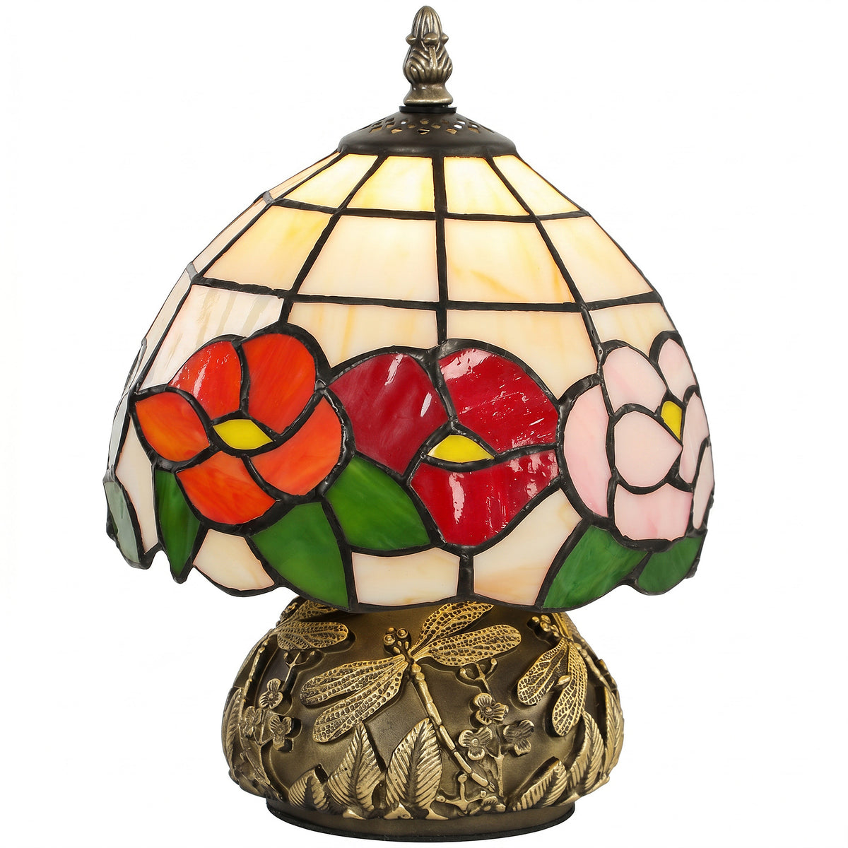 Handcrafted Classic Stained Glass Bedside Lamp, Tiffany-Style Table Lamp with Sculpted Dragonfly Base, Multi-Coloured