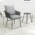 Outsunny 3-Piece Rattan Bistro Set, Garden Table and Chairs with 4 Cushions, Patio Rattan Conversation Furniture Set for Balcony, Porch, Terrace, Grey