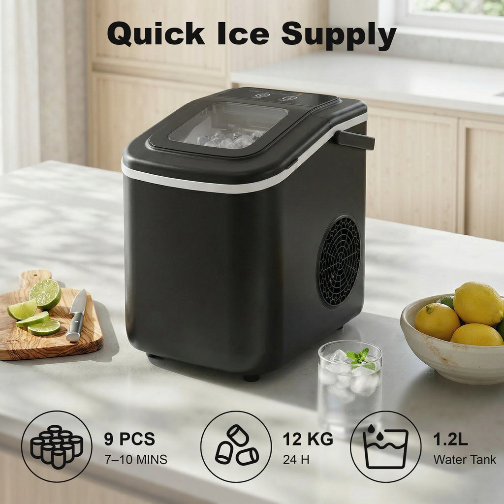 Countertop Ice Maker Machine 9 Cubes in 7 Mins Portable Ice Machine Ice Scoop and Basket 2 Sizes Black