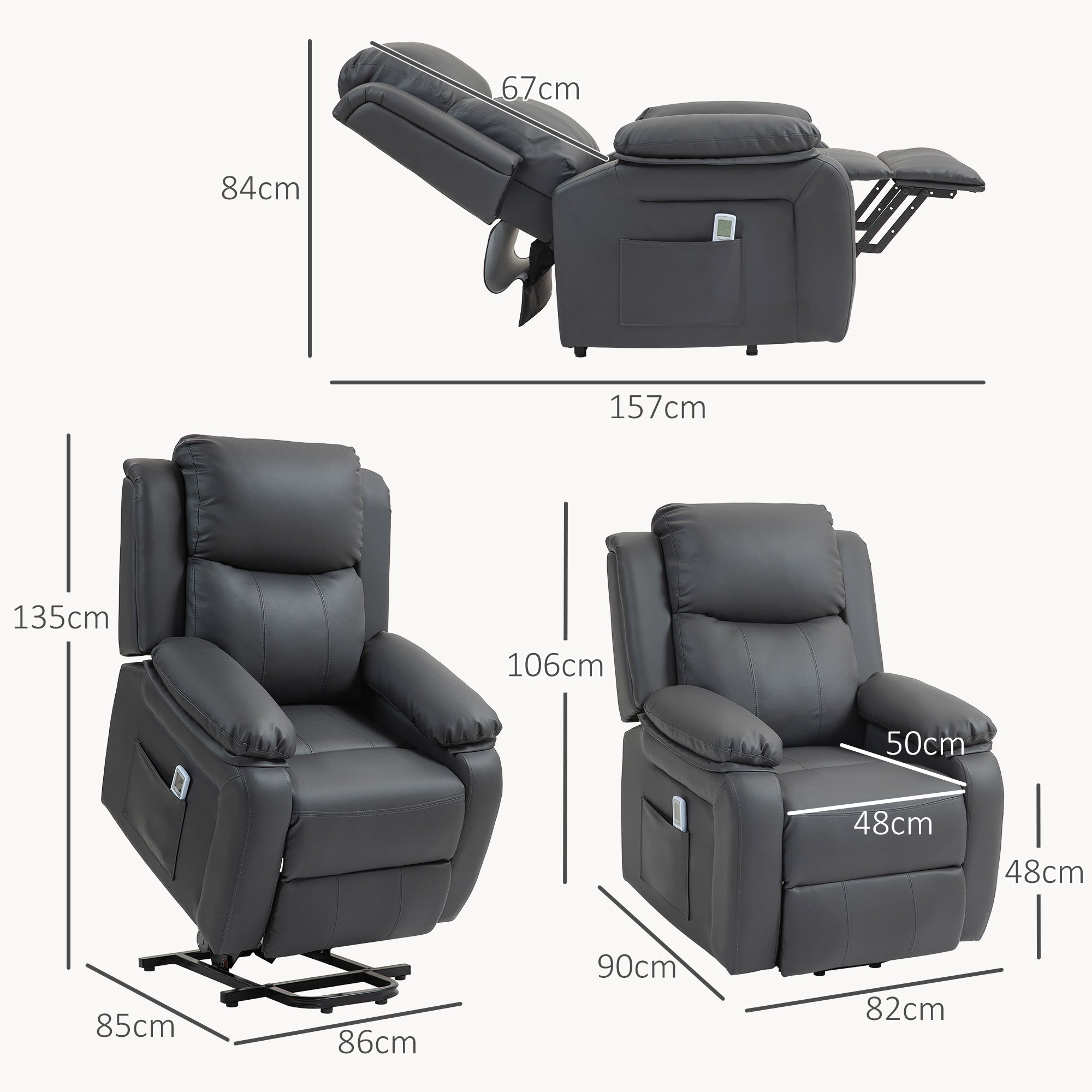 HOMCOM Riser and Recliner Chair with Vibration Massage, PU Leather Power Lift Chair for Elderly, Dark Grey