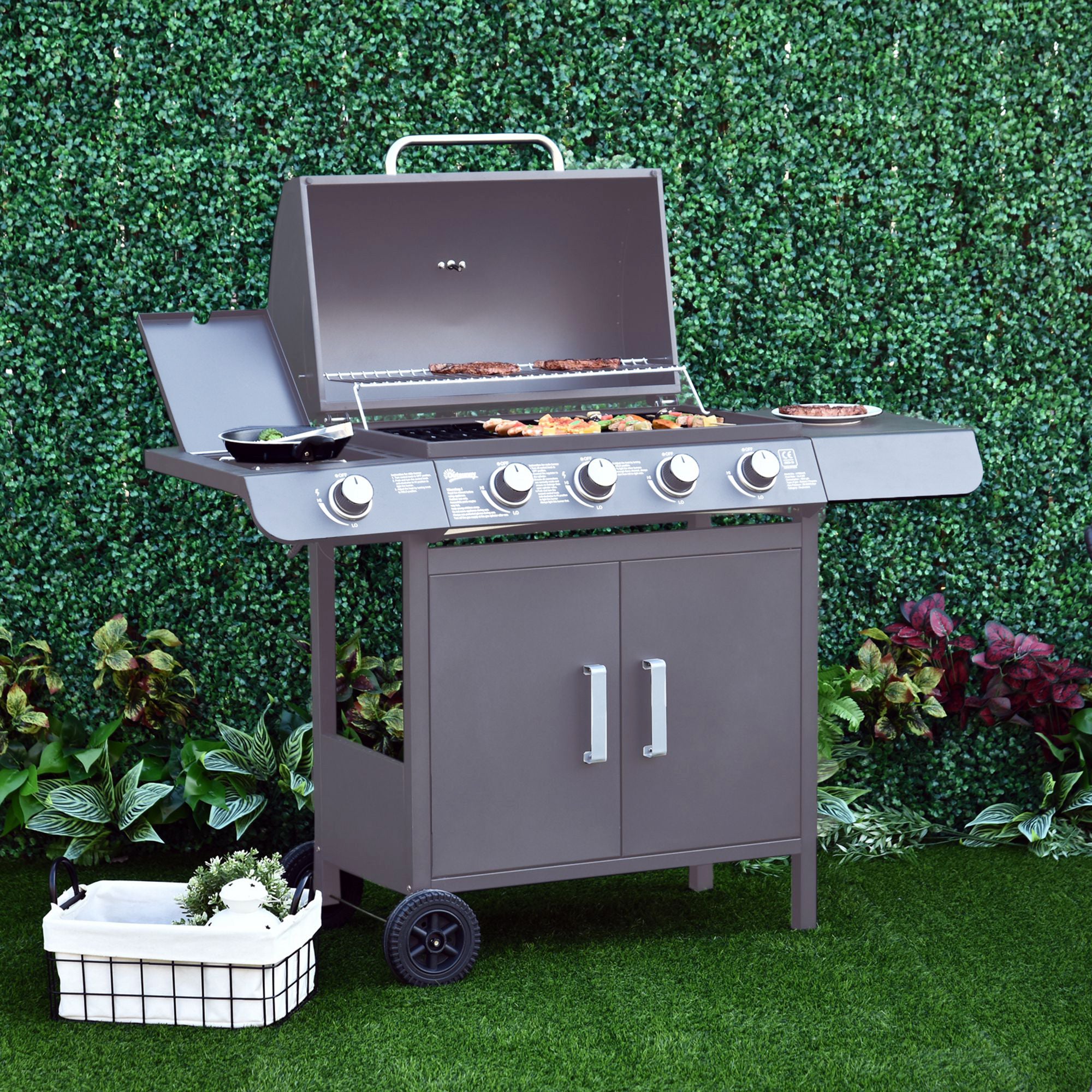 Outsunny 4+1 Burner Gas BBQ Grill, Outdoor Barbecue Trolley with Wheels, Warming Rack, Side Shelves, Cabinet, Thermometer for Garden, Party, Camping, 125L x 51W x 100Hcm, Grey