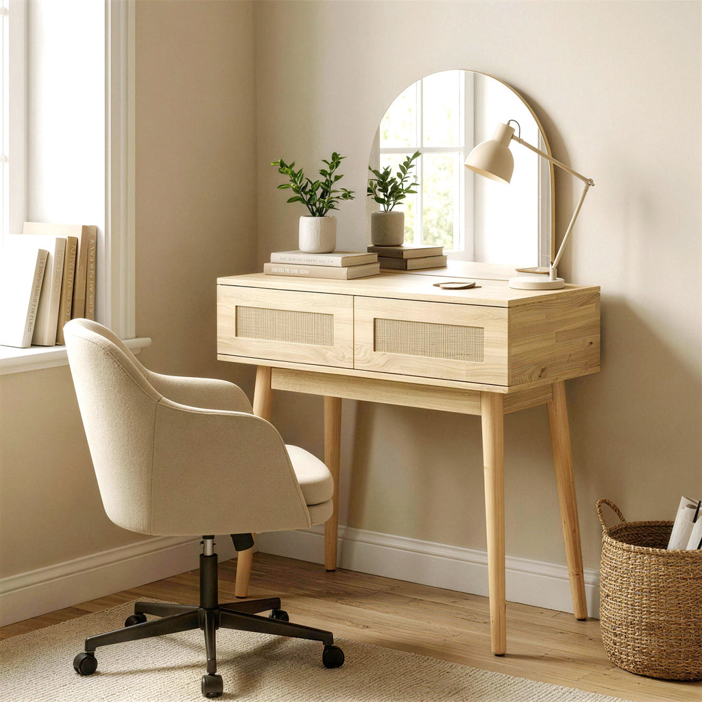 HOMCOM Dressing Table, Compact Vanity Desk with Mirror and 2 Drawers, Natural Wood Finish